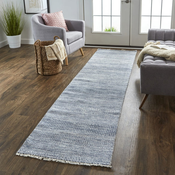 HomeRoots 8' Hand-Knotted Wool Area Rug in Striking Blue and Gray Stripes – Timeless Elegance for Any Room 12' Runner 513855