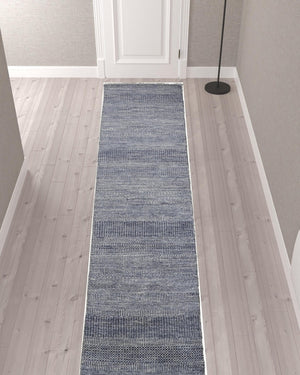 HomeRoots 8' Hand-Knotted Wool Area Rug in Striking Blue and Gray Stripes – Timeless Elegance for Any Room 12' Runner 513855