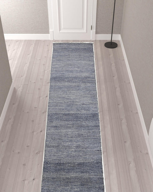 HomeRoots 8' Hand-Knotted Wool Area Rug in Striking Blue and Gray Stripes – Timeless Elegance for Any Room 12' Runner 513855