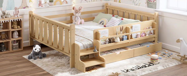 English Elm Queen Bunk Bed with Trundle Solid Pine Kids Car Themed Frame Built-in Bookshelf Light Natural W1580S00544