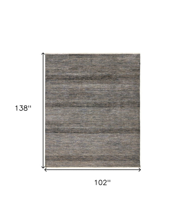 HomeRoots 8' Luxurious Hand-Knotted Wool Shag Area Rug with Timeless Gray, Ivory, and Brown Stripes for Cozy Living 9' X 12' 513871