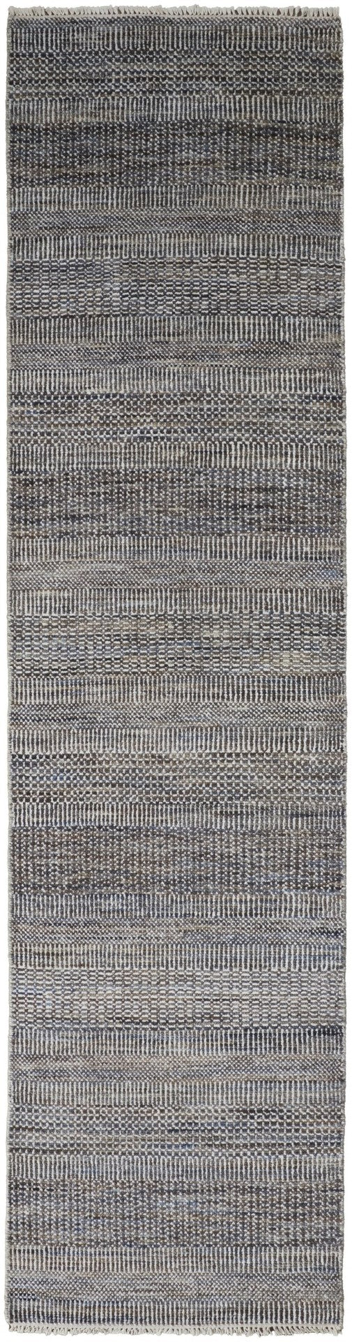 HomeRoots 8' Luxurious Hand-Knotted Wool Shag Area Rug with Timeless Gray, Ivory, and Brown Stripes for Cozy Living 10' Runner 513872