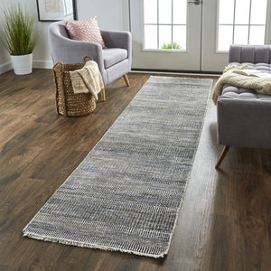 HomeRoots 8' Luxurious Hand-Knotted Wool Shag Area Rug with Timeless Gray, Ivory, and Brown Stripes for Cozy Living 10' Runner 513872