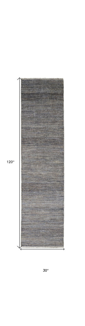 HomeRoots 8' Luxurious Hand-Knotted Wool Shag Area Rug with Timeless Gray, Ivory, and Brown Stripes for Cozy Living 10' Runner 513872