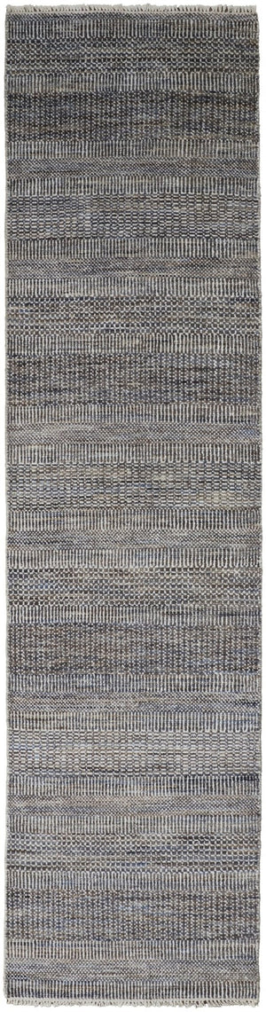 HomeRoots 8' Luxurious Hand-Knotted Wool Shag Area Rug with Timeless Gray, Ivory, and Brown Stripes for Cozy Living 12' Runner 513873