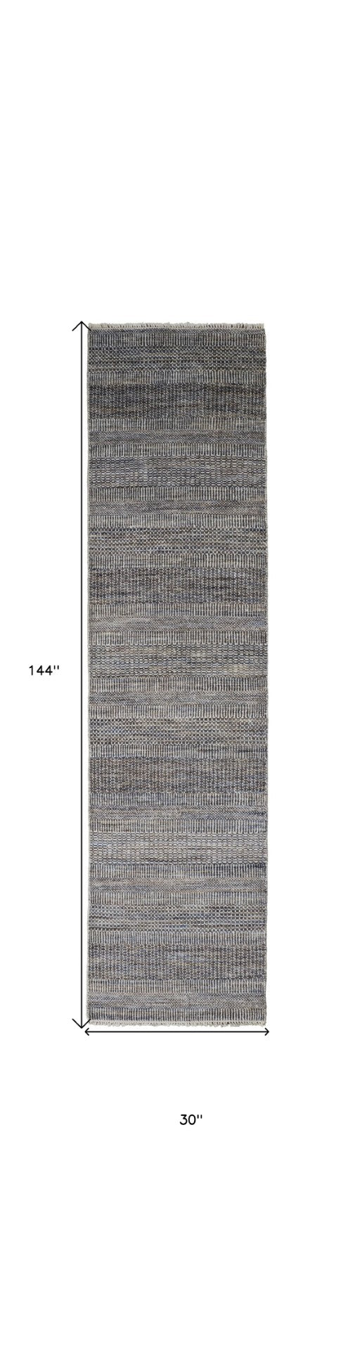HomeRoots 8' Luxurious Hand-Knotted Wool Shag Area Rug with Timeless Gray, Ivory, and Brown Stripes for Cozy Living 12' Runner 513873
