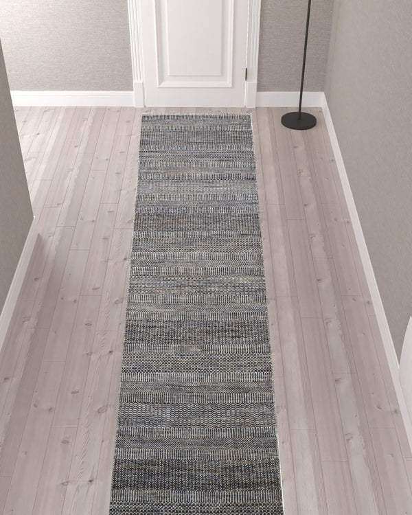 HomeRoots 8' Luxurious Hand-Knotted Wool Shag Area Rug with Timeless Gray, Ivory, and Brown Stripes for Cozy Living 12' Runner 513873