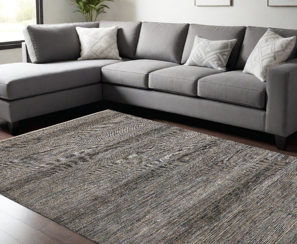 HomeRoots 8' Luxurious Hand-Knotted Wool Shag Area Rug with Timeless Gray, Ivory, and Brown Stripes for Cozy Living 12' X 15' 513874