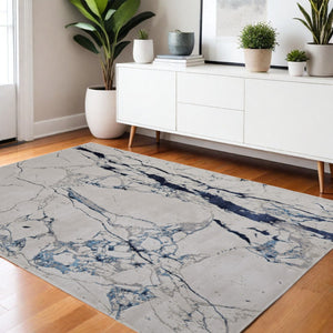 HomeRoots 4' Marble-Inspired Area Rug in Ivory and Blue - Distressed Design for Elegant Home Decor 4' X 6' 513886