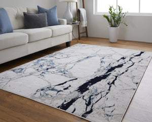 HomeRoots 4' Marble-Inspired Area Rug in Ivory and Blue - Distressed Design for Elegant Home Decor 10' X 13' 513891