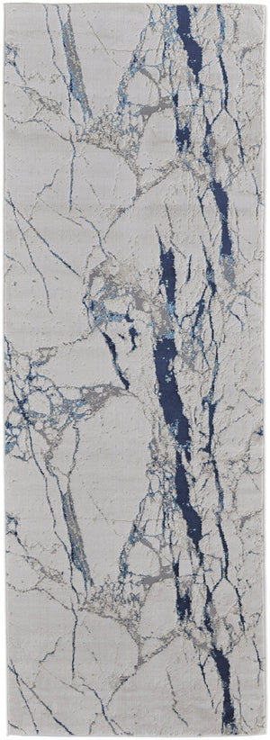 HomeRoots 4' Marble-Inspired Area Rug in Ivory and Blue - Distressed Design for Elegant Home Decor 8' Runner 513892