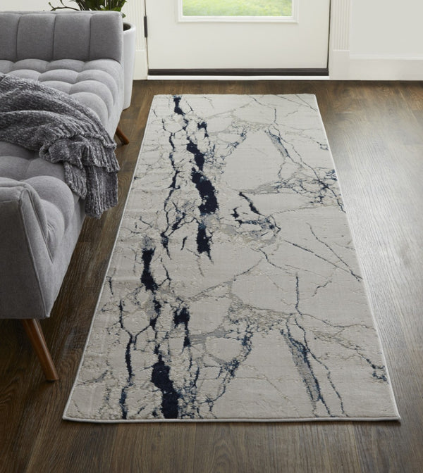 HomeRoots 4' Marble-Inspired Area Rug in Ivory and Blue - Distressed Design for Elegant Home Decor 8' Runner 513892