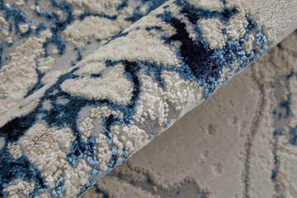 HomeRoots 4' Marble-Inspired Area Rug in Ivory and Blue - Distressed Design for Elegant Home Decor 8' Runner 513892
