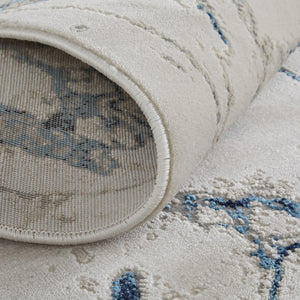 HomeRoots 4' Marble-Inspired Area Rug in Ivory and Blue - Distressed Design for Elegant Home Decor 8' Runner 513892