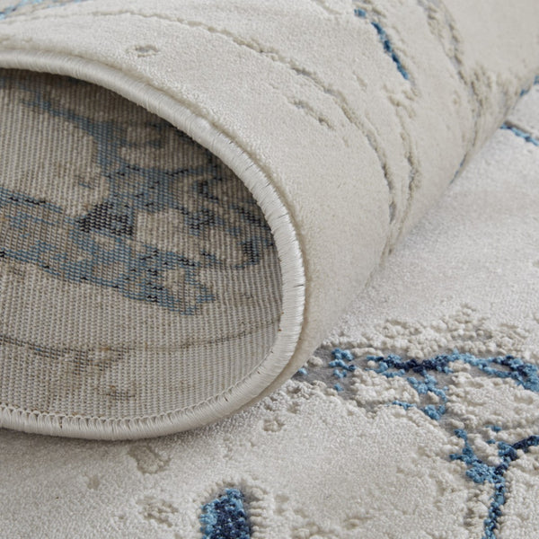 HomeRoots 4' Marble-Inspired Area Rug in Ivory and Blue - Distressed Design for Elegant Home Decor 8' Runner 513892
