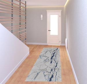 HomeRoots 4' Marble-Inspired Area Rug in Ivory and Blue - Distressed Design for Elegant Home Decor 8' Runner 513892
