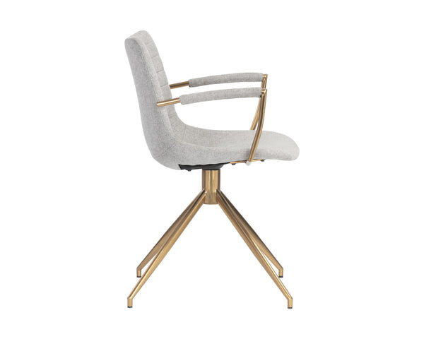 Sunpan Andres Swivel Dining Armchair – Elegant Industrial Design with Gold Legs for Stylish Dining Spaces Belfast Heather Grey