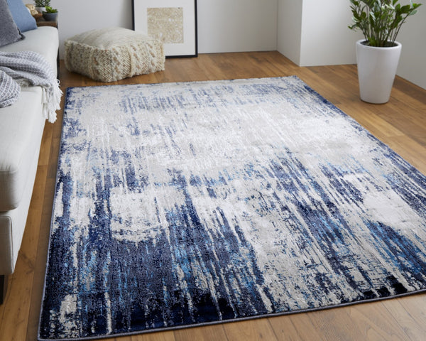 HomeRoots 4' Abstract Tan Blue Ivory Distressed Area Rug - Modern Power Loomed Design for Stylish Interiors 8' X 10' 513904
