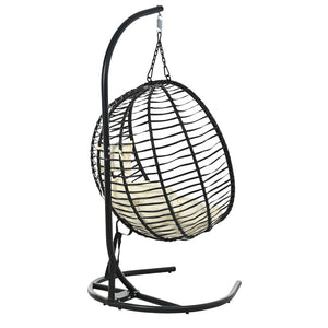 English Elm U_style Wicker Hanging Egg Chair with Stand Hdpe Cocoon Swing for Balcony Garden Black+Beige N711P389503A