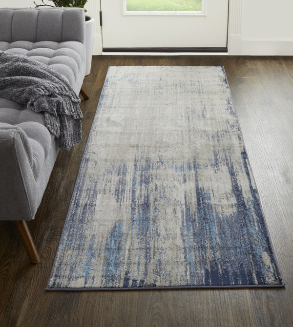 HomeRoots 4' Abstract Tan Blue Ivory Distressed Area Rug - Modern Power Loomed Design for Stylish Interiors 8' Runner 513908