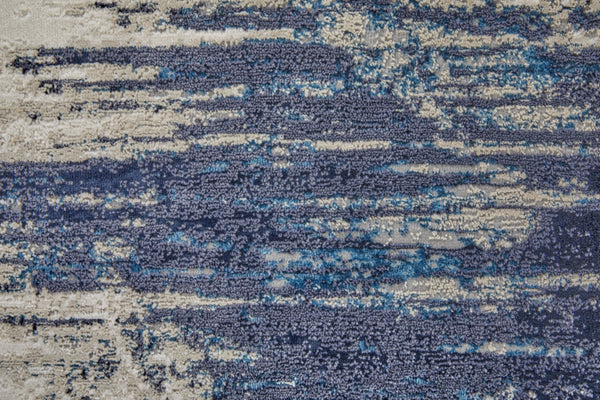 HomeRoots 4' Abstract Tan Blue Ivory Distressed Area Rug - Modern Power Loomed Design for Stylish Interiors 8' Runner 513908