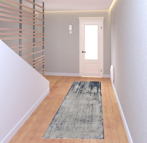 HomeRoots 4' Abstract Tan Blue Ivory Distressed Area Rug - Modern Power Loomed Design for Stylish Interiors 8' Runner 513908