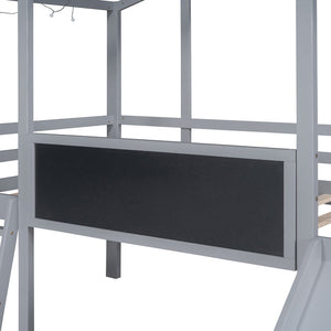 English Elm Twin House Loft Bed with Slide Chalkboard Panel and Led Roofline for Kids Gray WF324323AAE