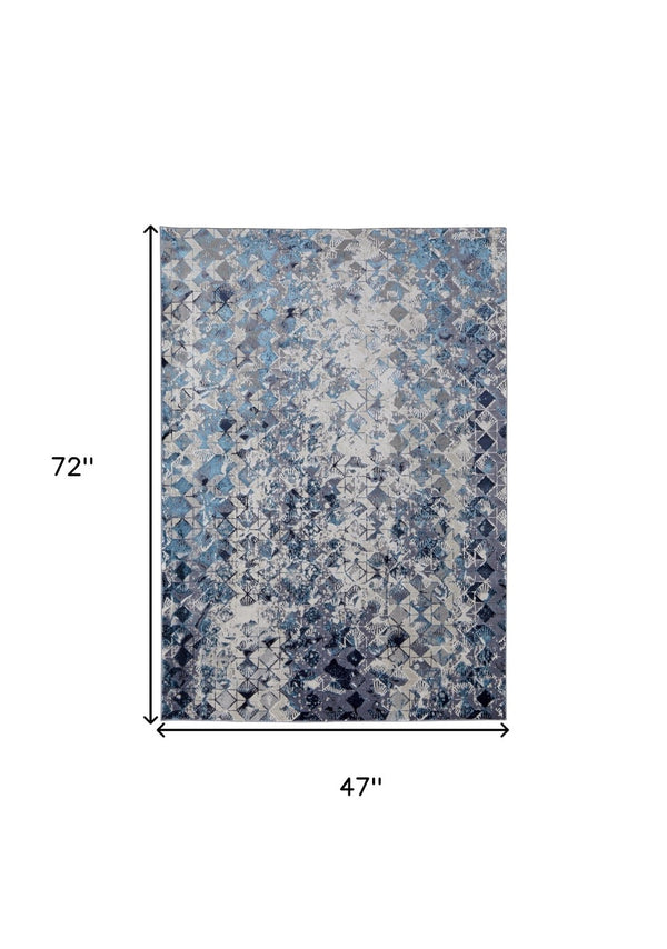 HomeRoots 4' Refreshing Blue, Ivory & Gray Geometric Distressed Area Rug for Modern Home Décor & Comfort 4' X 6' 513918