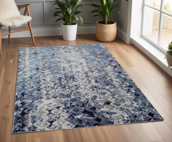 HomeRoots 4' Refreshing Blue, Ivory & Gray Geometric Distressed Area Rug for Modern Home Décor & Comfort 4' X 6' 513918
