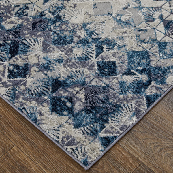 HomeRoots 4' Refreshing Blue, Ivory & Gray Geometric Distressed Area Rug for Modern Home Décor & Comfort 4' X 6' 513918