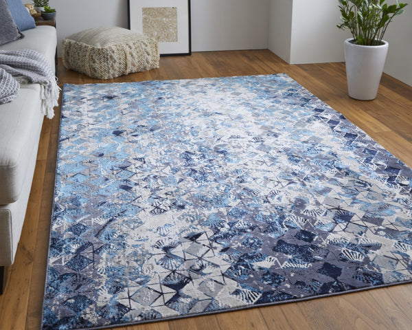 HomeRoots 4' Refreshing Blue, Ivory & Gray Geometric Distressed Area Rug for Modern Home Décor & Comfort 5' X 8' 513919