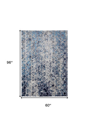 HomeRoots 4' Refreshing Blue, Ivory & Gray Geometric Distressed Area Rug for Modern Home Décor & Comfort 5' X 8' 513919