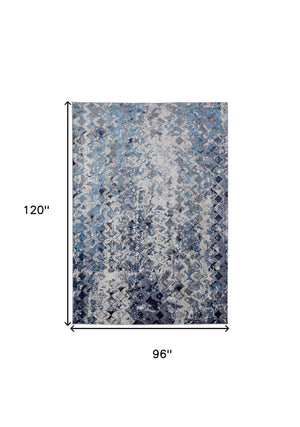 HomeRoots 4' Refreshing Blue, Ivory & Gray Geometric Distressed Area Rug for Modern Home Décor & Comfort 8' X 10' 513920