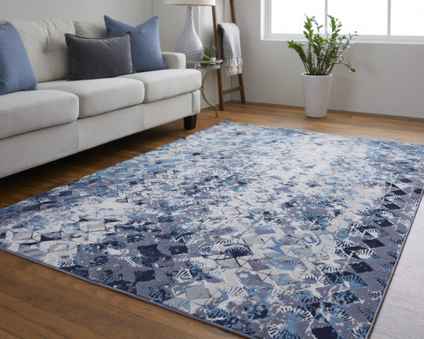 HomeRoots 4' Refreshing Blue, Ivory & Gray Geometric Distressed Area Rug for Modern Home Décor & Comfort 8' X 10' 513920