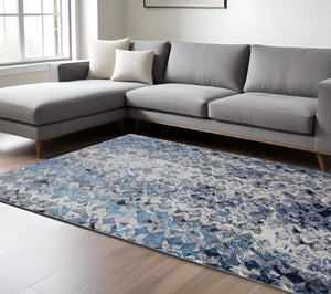HomeRoots 4' Refreshing Blue, Ivory & Gray Geometric Distressed Area Rug for Modern Home Décor & Comfort 8' X 10' 513920