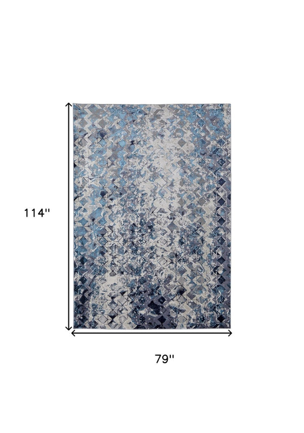 HomeRoots 4' Refreshing Blue, Ivory & Gray Geometric Distressed Area Rug for Modern Home Décor & Comfort 7' X 10' 513921