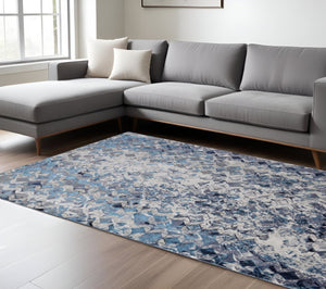 HomeRoots 4' Refreshing Blue, Ivory & Gray Geometric Distressed Area Rug for Modern Home Décor & Comfort 7' X 10' 513921