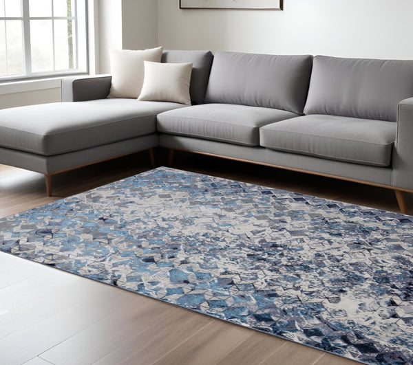HomeRoots 4' Refreshing Blue, Ivory & Gray Geometric Distressed Area Rug for Modern Home Décor & Comfort 7' X 10' 513921