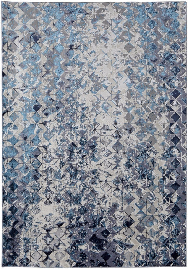 HomeRoots 4' Refreshing Blue, Ivory & Gray Geometric Distressed Area Rug for Modern Home Décor & Comfort 10' X 13' 513923