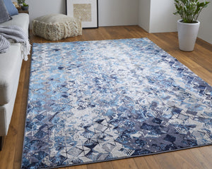 HomeRoots 4' Refreshing Blue, Ivory & Gray Geometric Distressed Area Rug for Modern Home Décor & Comfort 10' X 13' 513923
