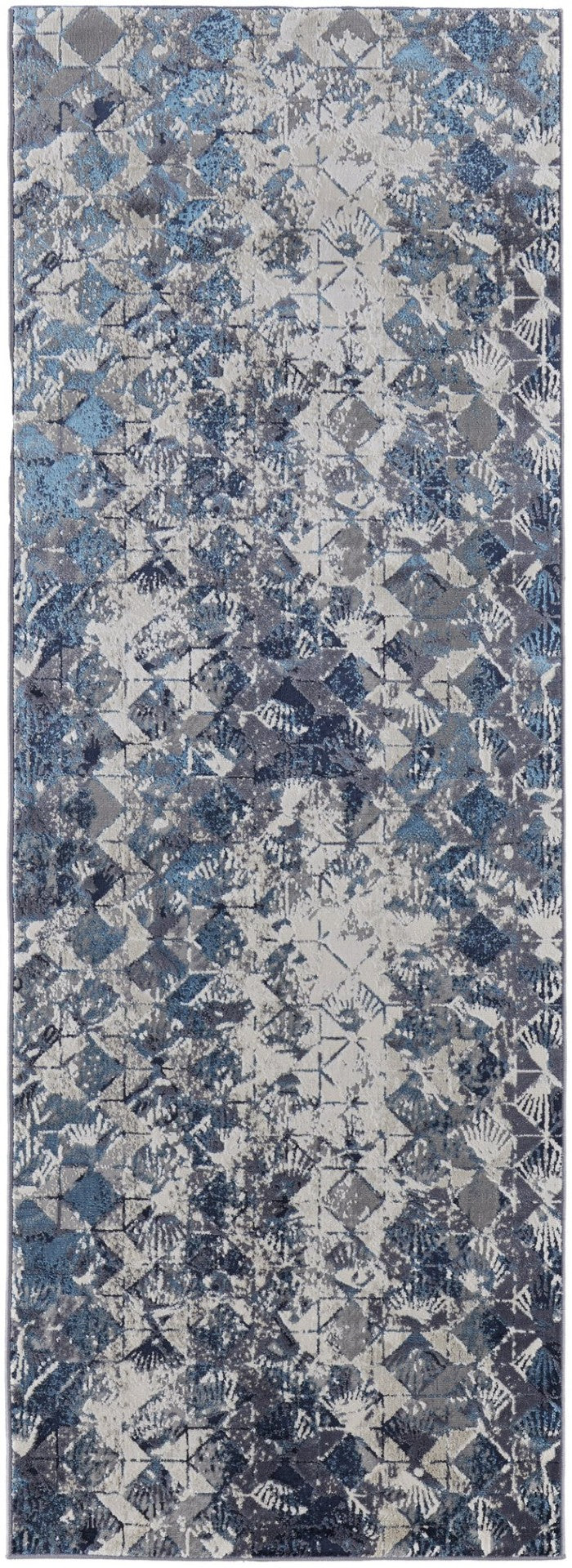 HomeRoots 4' Refreshing Blue, Ivory & Gray Geometric Distressed Area Rug for Modern Home Décor & Comfort 8' Runner 513924