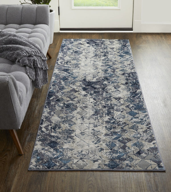 HomeRoots 4' Refreshing Blue, Ivory & Gray Geometric Distressed Area Rug for Modern Home Décor & Comfort 8' Runner 513924