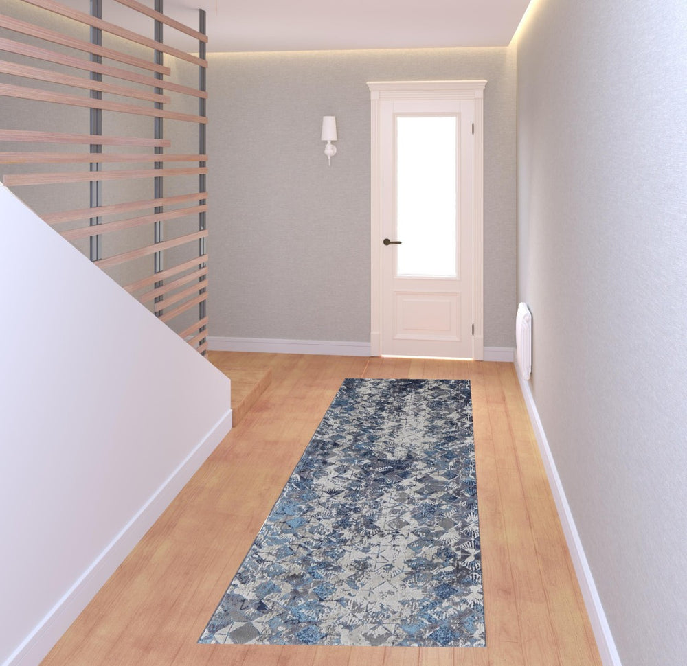HomeRoots 4' Refreshing Blue, Ivory & Gray Geometric Distressed Area Rug for Modern Home Décor & Comfort 8' Runner 513924