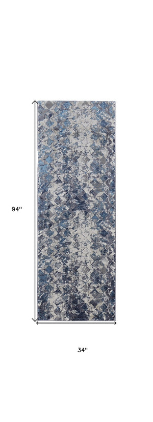 HomeRoots 4' Refreshing Blue, Ivory & Gray Geometric Distressed Area Rug for Modern Home Décor & Comfort 8' Runner 513924