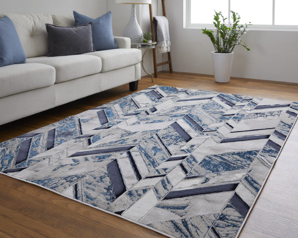 Homeroots 4' X 6' Ivory And Blue Chevron Power Loom Distressed Area Rug  Polypropylene,Polyester 513926