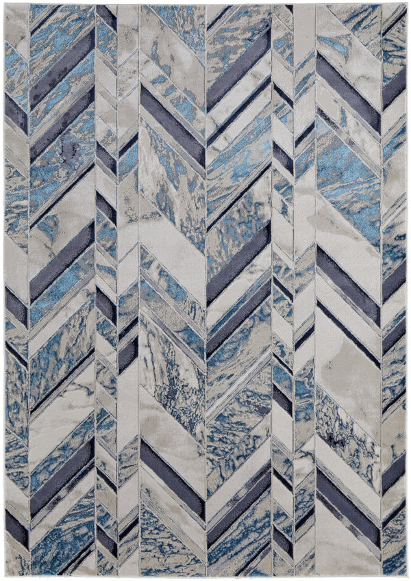 Homeroots 4' X 6' Ivory And Blue Chevron Power Loom Distressed Area Rug  Polypropylene,Polyester 513926