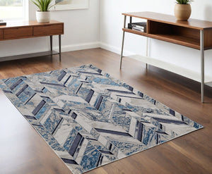 Homeroots 4' X 6' Ivory And Blue Chevron Power Loom Distressed Area Rug  Polypropylene,Polyester 513926
