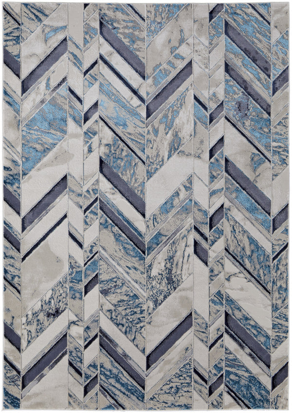 Homeroots 5' X 8' Ivory Blue And Gray Chevron Power Loom Distressed Area Rug  Polyester 513927