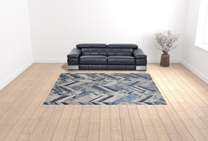 Homeroots 9' X 12' Ivory Blue And Gray Chevron Power Loom Distressed Area Rug  Polyester 513930