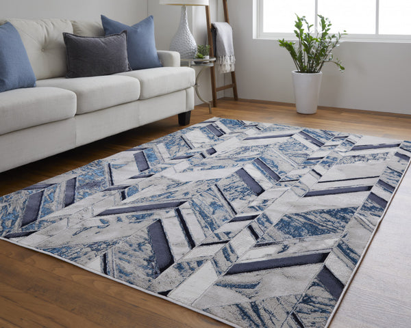 Homeroots 9' X 12' Ivory Blue And Gray Chevron Power Loom Distressed Area Rug  Polyester 513930